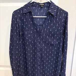 Express navy anchor long sleeve blouse (size Small)